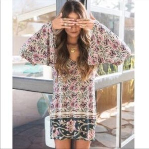 Chaser Tapestry Floral Bell Mini Dress Medium M Floral Bell Sleeves - Picture 1 of 10
